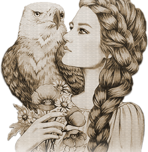 soave woman fantasy bird flowers sepia - Free PNG