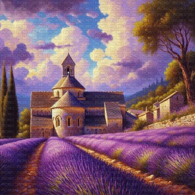Lavender Field with Church and Purple Clouds - png gratis