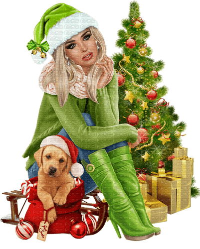 Christmas. Women. Dog. Christmas tree. Leila - nemokama png