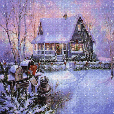 winter hiver garden jardin neige  snow   fond background    house haus maison campagne landscape paysage animated animation gif anime snowfall night nuit evening - 免费动画 GIF
