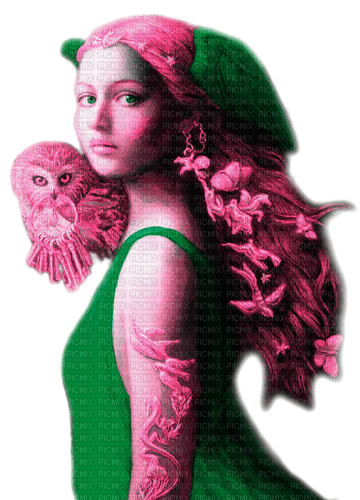 Woman.Owl.Fantasy.Pink.Green - KittyKatLuv65 - gratis png