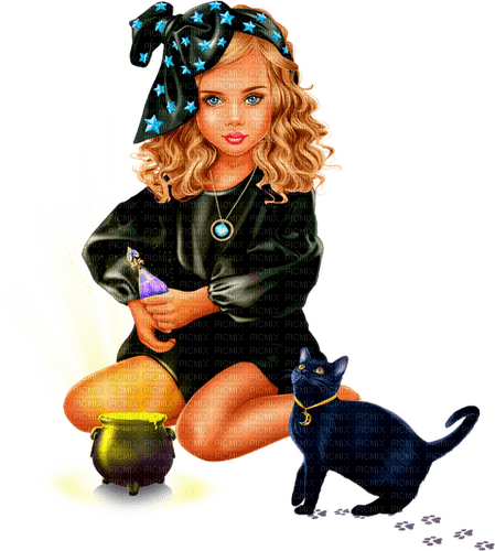 Girl.Witch.Magic.Halloween.Cat.Child.Blue.Black - 免费PNG
