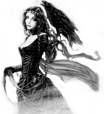 Y.A.M._Gothic woman raven black-white - 無料png