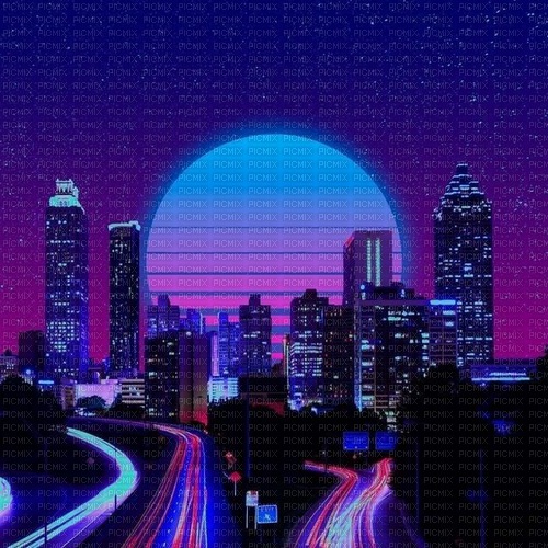neon purple blue city background - Free PNG
