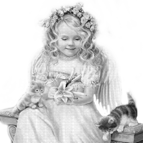 Y.A.M._Fantasy girl angel cats black-white - Free PNG