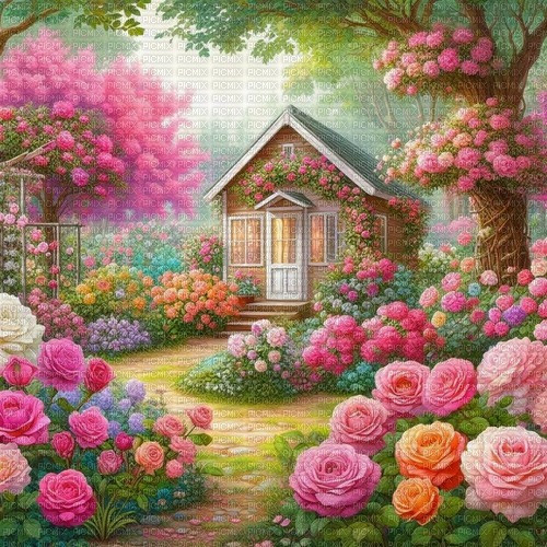 fantasy pink green garden house background - Free PNG