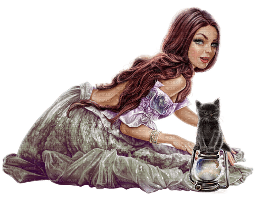 Woman. Cat. Lantern. Leila - png gratuito