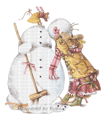 Mouse Building Snowman - GIF animado gratis
