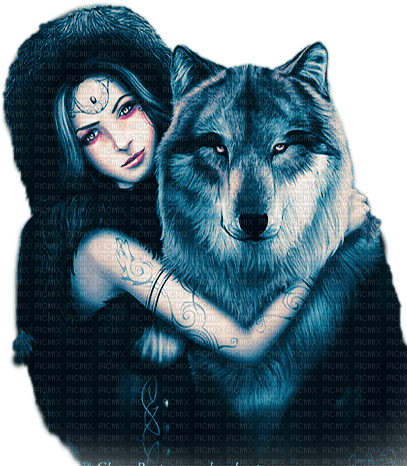 soave woman fantasy autumn wolf friends blue - Free PNG