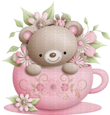 Kaz_Creations Deco Scrap Pink  Colours Cute  Teddy Bear In Cup Saucer Flowers - PNG gratuit