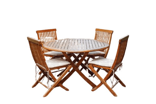 Table ronde en bois avec chises et coussins - Free PNG