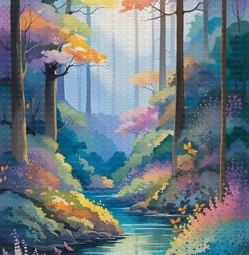 painting teal pink forest stream background - png ฟรี