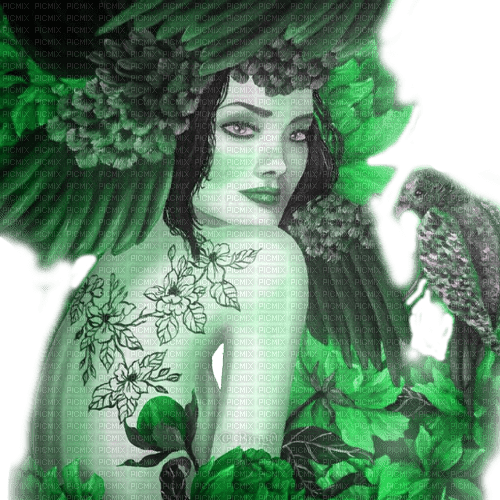 Y.A.M._Fantasy woman girl bird green - фрее пнг