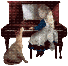 Little Girl Playing Piano Dog - Бесплатни анимирани ГИФ