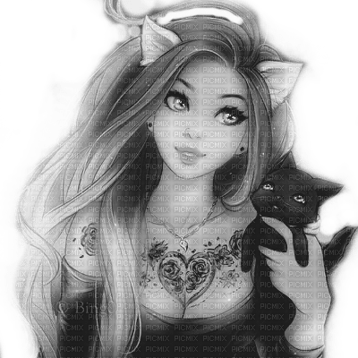Y.A.M._Anime cat girl black-white - kostenlos png