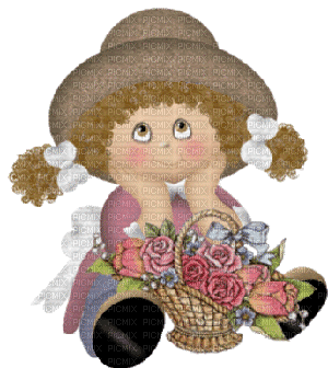 Little Girl Fille with Basket of Flowers Fleurs - Free animated GIF