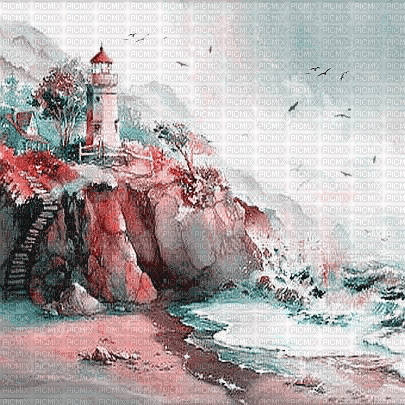 soave background animated  lighthouse PINK TEAL - GIF animé gratuit