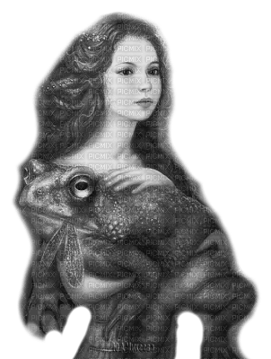 Y.A.M._Fantasy woman girl toad frog black-white - Free PNG