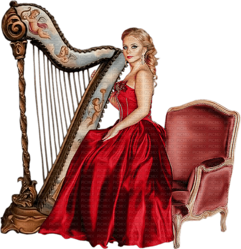 Woman playing harp. Red dress. Leila - PNG gratuit