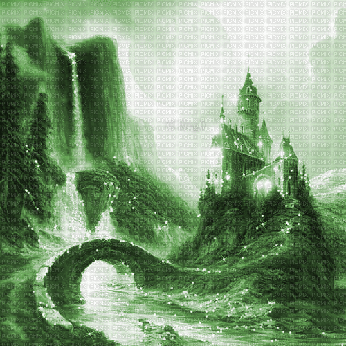 Y.A.M._Fantasy landscape castle background green - GIF animé gratuit