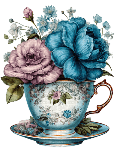 tasse, cup, blue, flowers, vintage - PNG gratuit