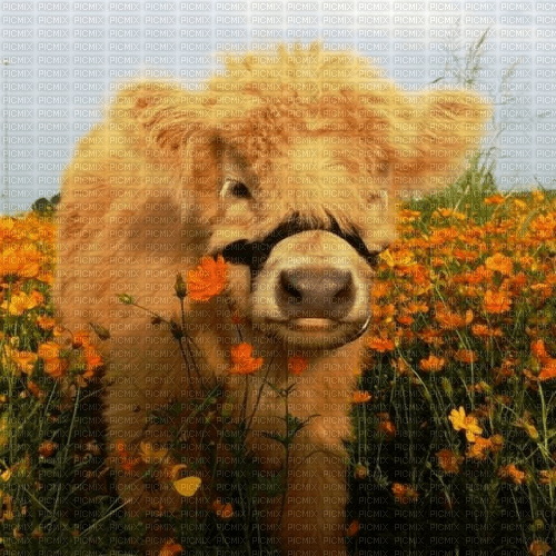 Rena Cow orange Flowers background - gratis png
