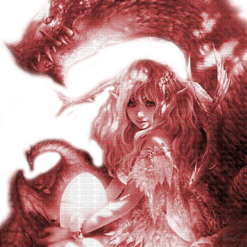 Y.A.M._Fantasy anime girl dragons red - PNG gratuit