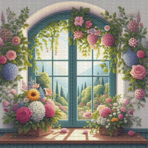 window flowers pink green background - besplatni png
