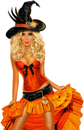 Steampunk.Woman.Witch.Halloween.Black.Orange - png ฟรี