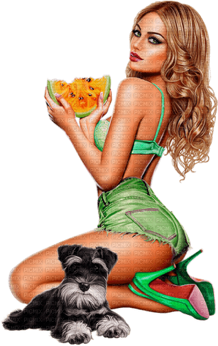 Woman in green. Watermelon. Dog . Leila - PNG gratuit