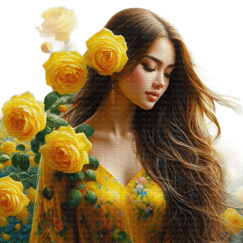 femme fleurs jaunes - ücretsiz png