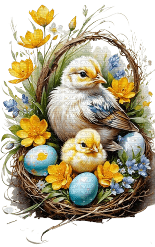 Spring, Easter, bird, chicken, flowers. Leila - 免费PNG