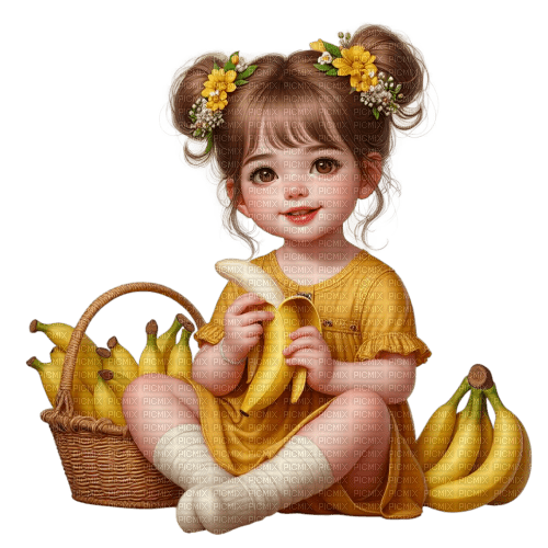 Little Girl -Banana - Yellow - Green - Brown - PNG gratuit