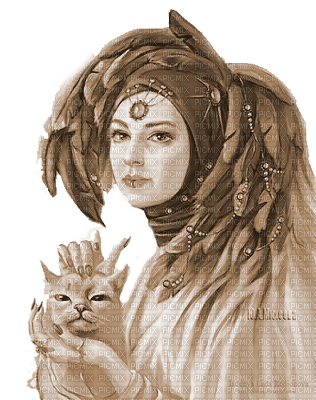 Y.A.M._Fantasy woman cat Sepia - бесплатно png