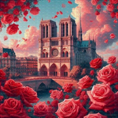 Notre Dame with Red Roses - PNG gratuit