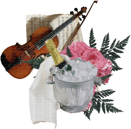 Geige, Noten, Sekt, Blumen - GIF animé gratuit
