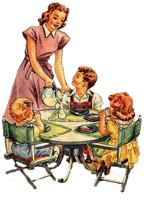 vintage family mother child children breakfast eating paintinglounge - png ฟรี
