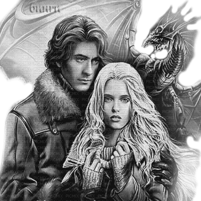 Y.A.M._Fantasy couple dragon black-white - gratis png
