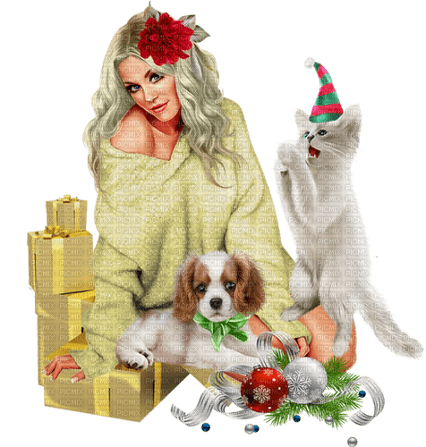 Women. Christmas. Dog. Cat. Leila - png grátis