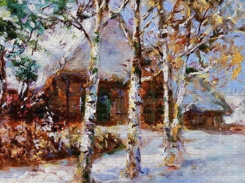 Hintergrund, Winter, Landschaft, Haus, Birken - zdarma png