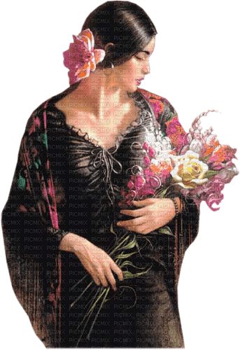 Mujer con ramo de flores - бесплатно png
