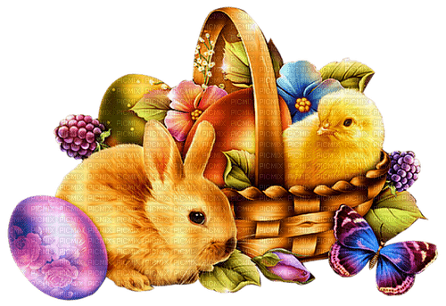 Basket.Eggs.Rabbit.Chick.Flowers.Butterfly - PNG gratuit