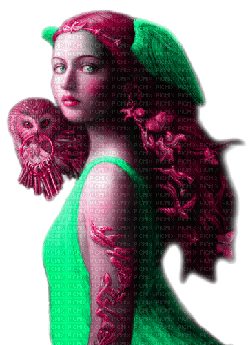 Woman.Owl.Fantasy.Green.Pink - KittyKatLuv65 - darmowe png