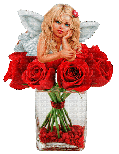 Angel Girl Laying On A Bouquet Of Roses - Бесплатни анимирани ГИФ