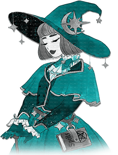 soave halloween witch anime girl black white teal - PNG gratuit