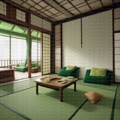 Green Japanese Living Room Traditional - PNG gratuit