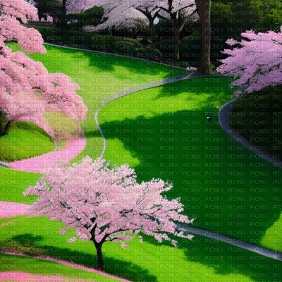 Sakura Trees on a Hilly Valley - png gratis
