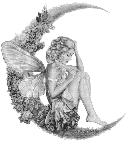 Y.A.M._Fantasy fairy moon black-white - Бесплатни анимирани ГИФ