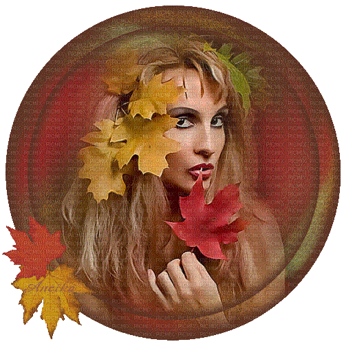 Mujer con hojas de otoño - Animovaný GIF zadarmo