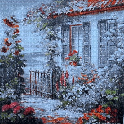 fondo casa jardin  azul rojo gif dubravka4 - Besplatni animirani GIF
